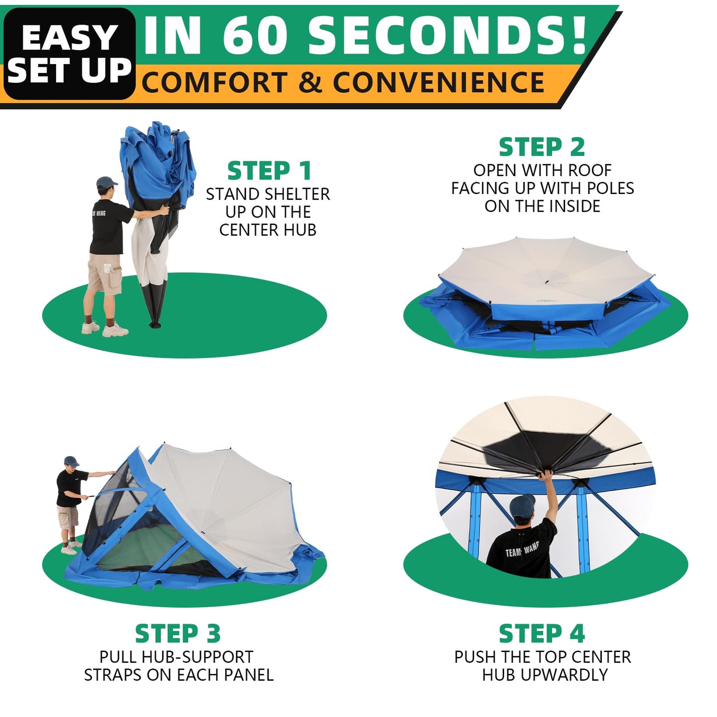 COBIZI Pop Up Gazebo Screen Tent Screen House for Camping, 15x15 Screen Room with Mosquito Netting, Hub Tent Instant Screened Canopy with Carrying Bag and Ground Stakes, Blue