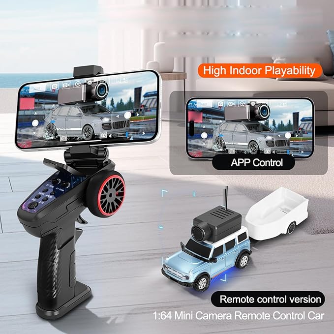 GoolRC WLtoys 6405-C Mini RC Car 2.4GHz 1:64 Scale FPV Remote Control Car with Camera 720P and Gyro APP Control Vehicle with 2 Trailers and LED Lights for Adults (Blue)