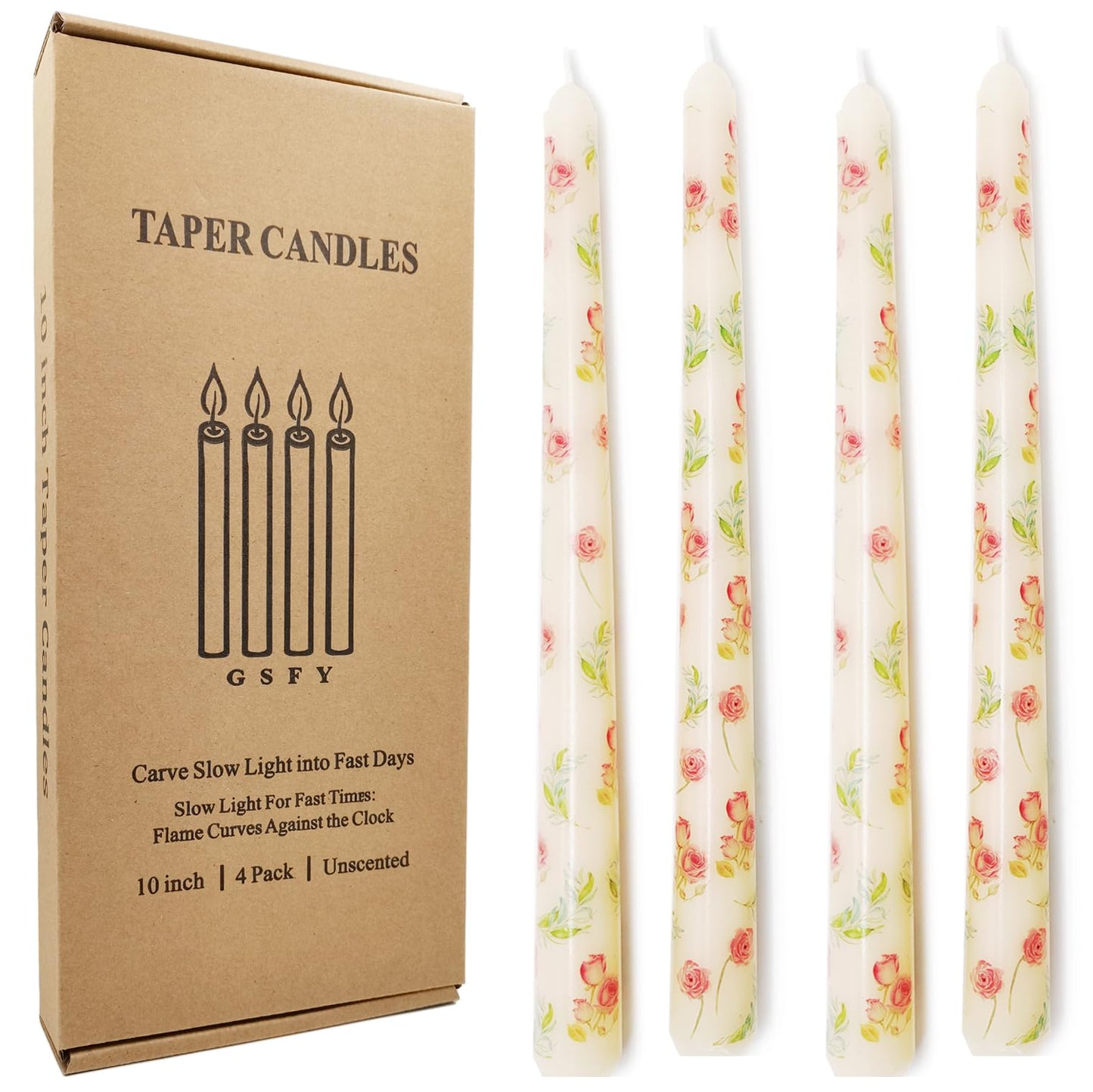 W&LESVAGO 4 Pcs Rose Print Taper Candles,10 Inch Rose Floral Patterns Ivory Dripless Long Candles Set for Wedding Anniversary Home Decor Dinner Party