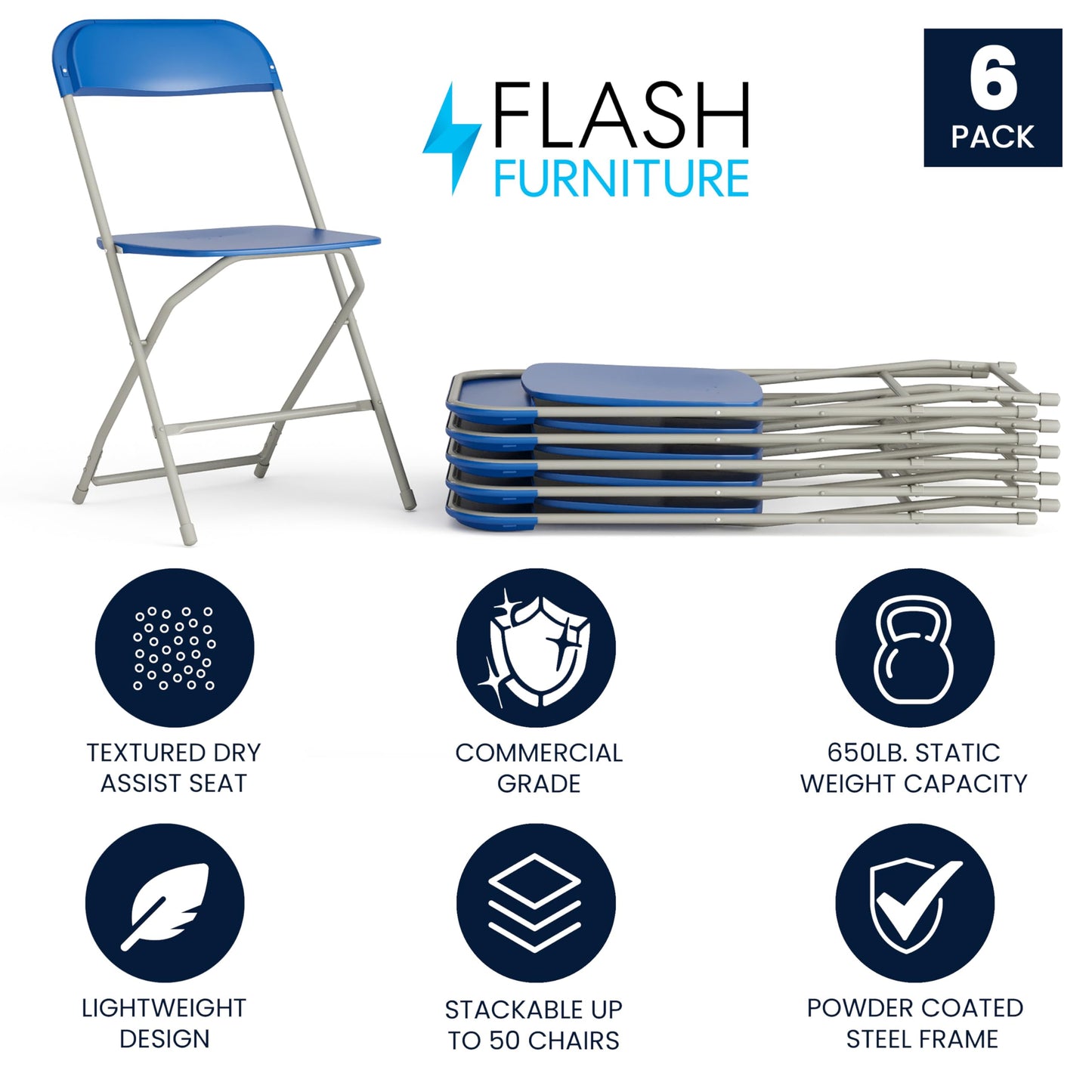 Flash Furniture Hercules Series Plastic Folding Chair - Blue - 6 Pack 650LB Weight Capacity Comfortable Event Chair-Lightweight Folding Chair
