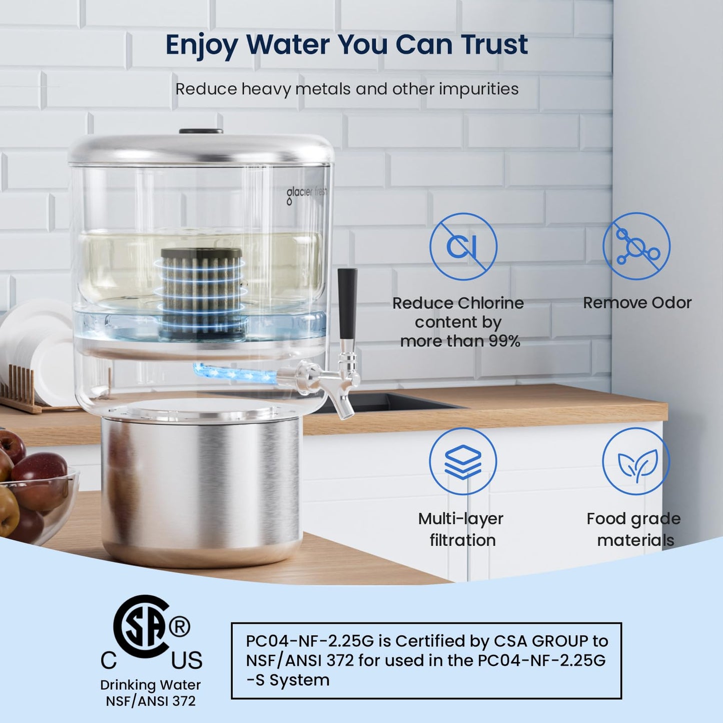 GLACIER FRESH 2.25G Stainless Steel Countertop Water Filtration System, Gravity-Fed with Elarisey™ Filtration Technology, Reduces Heavy Metals, PFOA & PFOS, and Meets SGS Standards