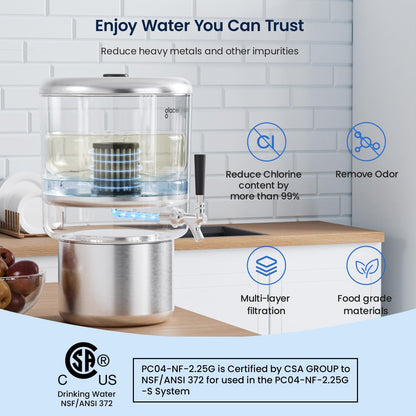 GLACIER FRESH 2.25G Stainless Steel Countertop Water Filtration System, Gravity-Fed with Elarisey™ Filtration Technology, Reduces Heavy Metals, PFOA & PFOS, and Meets SGS Standards