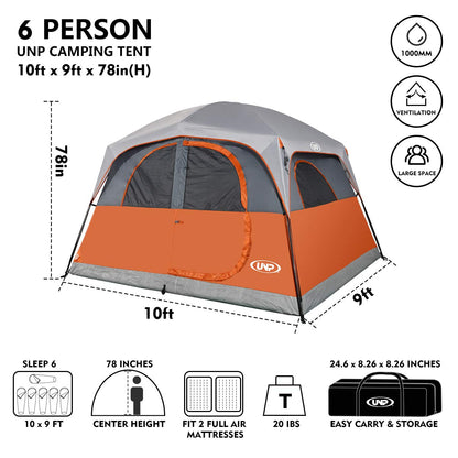 UNP Tents 6 Person Waterproof Windproof Easy Setup,Double Layer Family Camping Tent with 1 Mesh Door & 5 Large Mesh Windows -10'X9'X78in(H) Orange