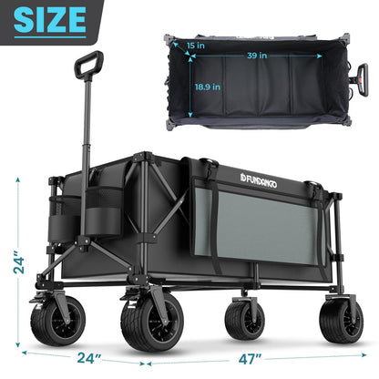 FUNDANGO Heavy Duty Collapsible Wagon 47" L x 24" W, 300L Large Capacity Foldable Cart with Big All-Terrain Wheels for Camping, Beach, Garden & Shopping