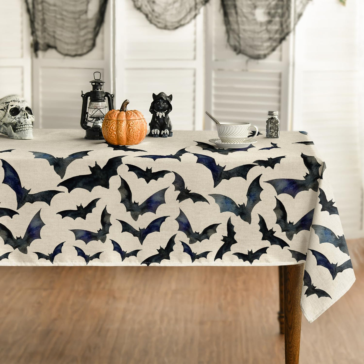 Horaldaily Halloween Tablecloth 52x70 Inch Rectangular, Bats Washable Table Cover for Party Picnic Dinner Decor
