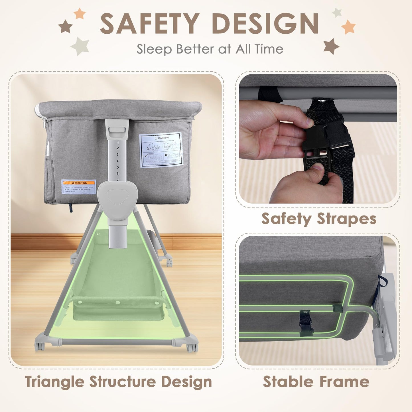BIERUM Baby Bassinet for Baby - 7 Height Adjustable Bedside Bassinet with Lockable Wheels, Easy to Assemble Portable Bedside Crib with Large Storage Bag & Mattress for Newborn/Infant