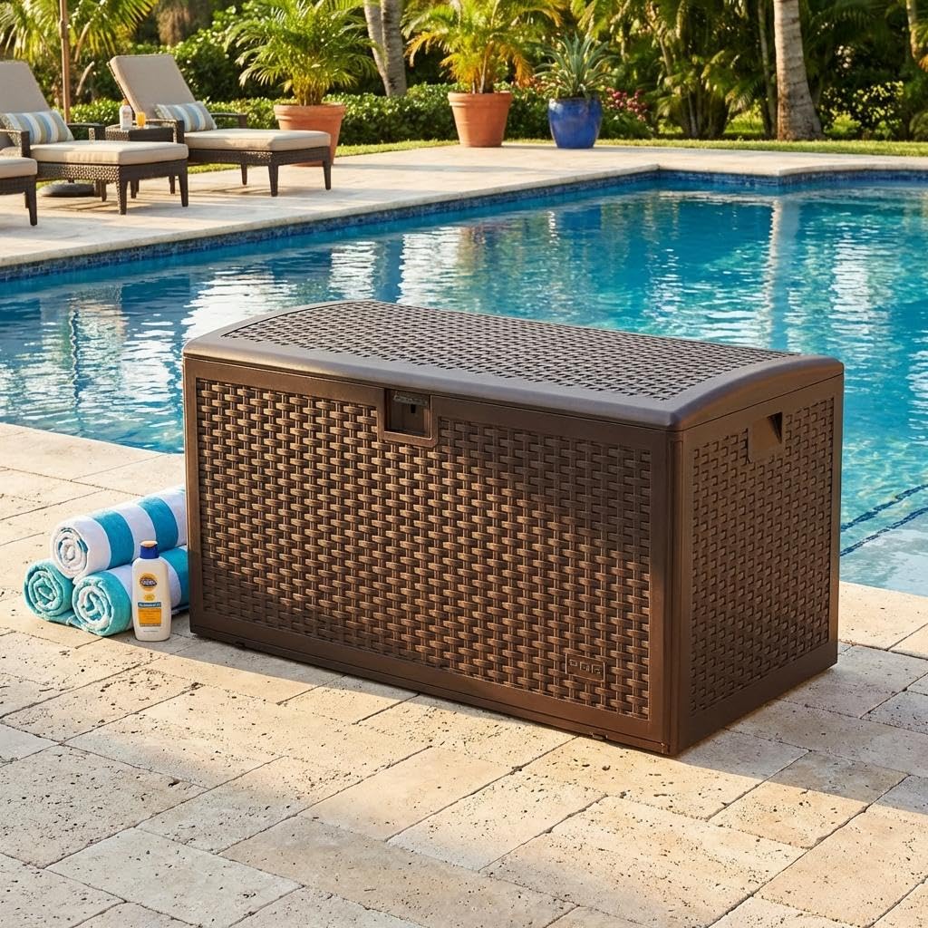 99 Gallon Waterproof Large Resin Deck Box Indoor Outdoor, Lockable Storage Container for Patio Furniture Cushions, Throw Pillows, Garden Tools, and Pool Floats, Brown