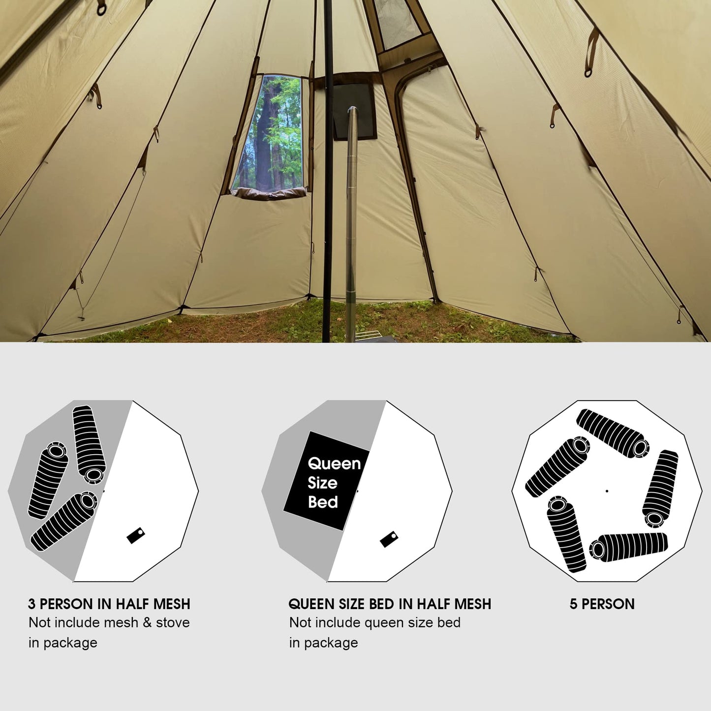 Preself 4~6 Person Tipi Hot Tent T3 XL with Screen Window, Height 8' 6" 2.6m, Diameter 15' 4.6m, for Wood Buring Stove Bushcraft Family Camping Hunting Fishing (Tent)