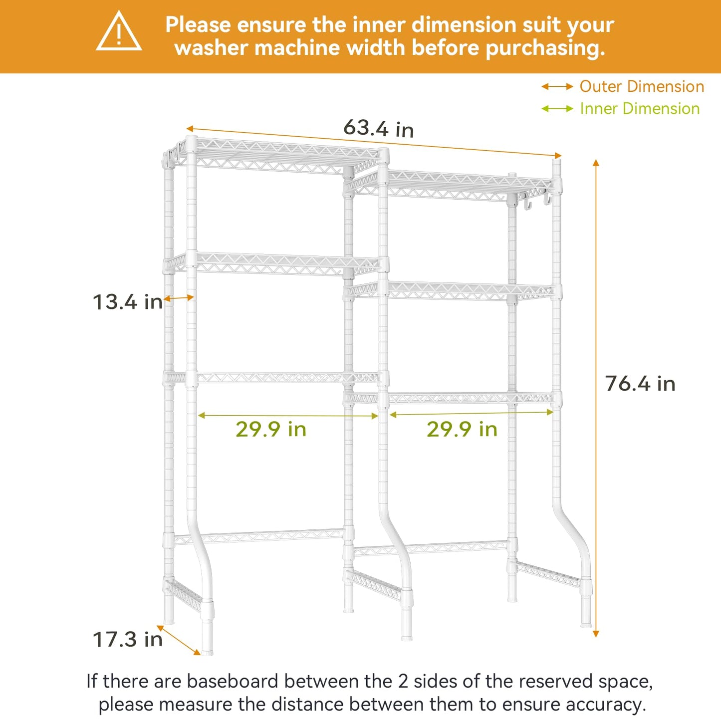 ULIFHOME U15 Over Washer and Dryer Storage Shelves, Laundry Above Washer Dryer Storage Rack Space Saver, 6-Tier Wire Shelf with 4 Hooks for Organization, 63.4"W x 17.3"D x 76.4"H, Holds 568lbs, White