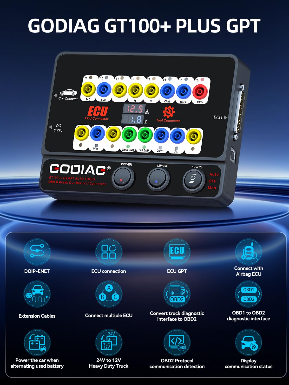 GODIAG GT100 Plus OBD2 Breakout Box, CAN Protocol Detector for ECU Bench Testing Platform, GPT/DOIP/ENET & Car Diagnostics