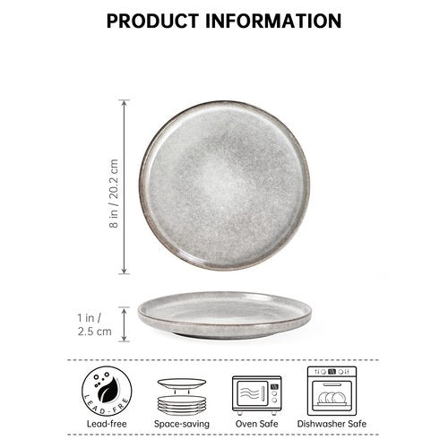 Henten Home Ceramic Dessert Plates, 8 Inch Porcelain Salad Plates Set of 4, Fluted Round Snack Plates for Kitchen, Cake Serving Stoneware Dishes, Reactive Glaze, Scratch Resistant (Grey)