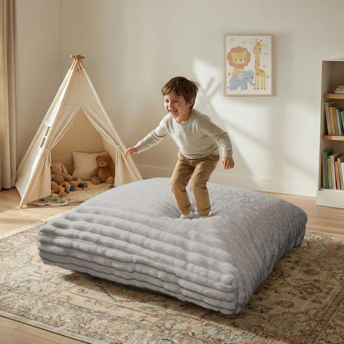 Matini Home Large Crash Pad - High-Density Foam Floor Landing Mat with Washable Cover, Professional Gymnastics Training Equipment for Impact Support, Jumping and Lounging - Light Gray, 60" x 60