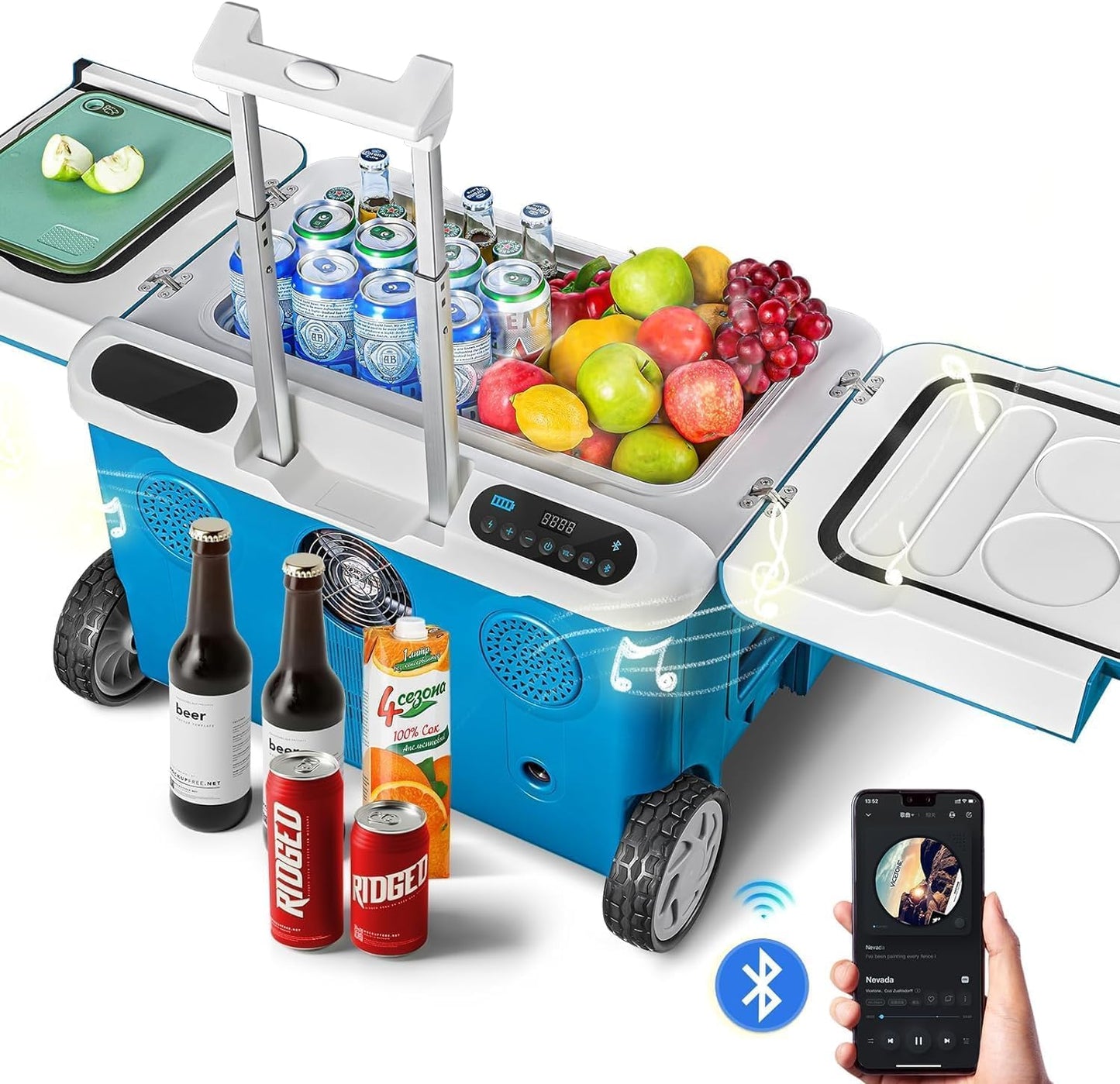 AAOBOSI Car Fridge, 40Quart（36L） Portable 12 Volt Car Refrigerator Cooler with Wheels&Bluetooth Speaker&Handle&Battery Powered, -4℉~68℉ with 12/24V DC,100-240VAC for Camping, Beach,Party,Pool
