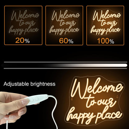 NOSUN This is Our Happy Place Neon Sign Happy Place Neon Signs for Wall Decor Dimmable Warm White LED Signs for Bedroom Classroom Man Cave Home Bar Birthday Party Game Zone Decor Neon Classroom Sign