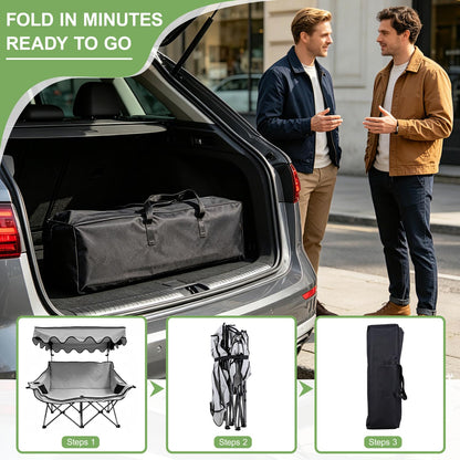 Double Camping Chair with Canopy Shade, Portable Beach Chair with 2 Cup Holders and Bags, Folding Heavy Duty Oversized Double Chairs with Side and Back Pockets, Outdoor Loveseat Chairs for Patio, Lawn
