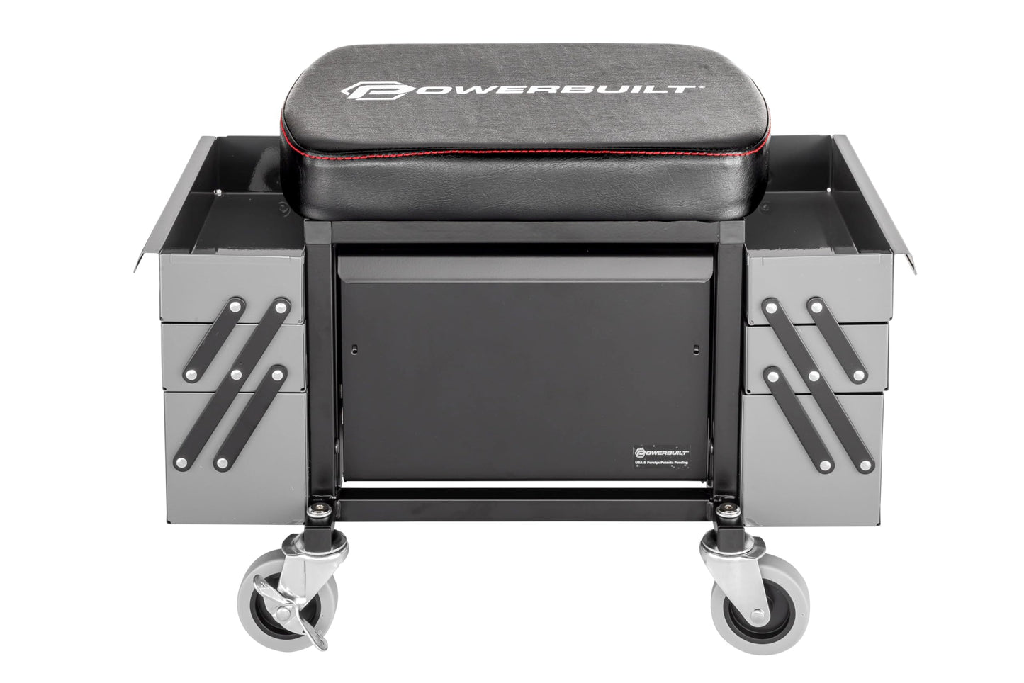 Powerbuilt Rolling Seat with Expandable Tool Trays, Roller Toolbox Garage Stool - Grey 941918ECE
