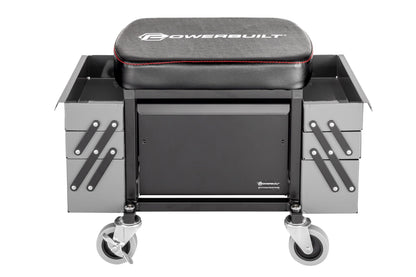 Powerbuilt Rolling Seat with Expandable Tool Trays, Roller Toolbox Garage Stool - Grey 941918ECE