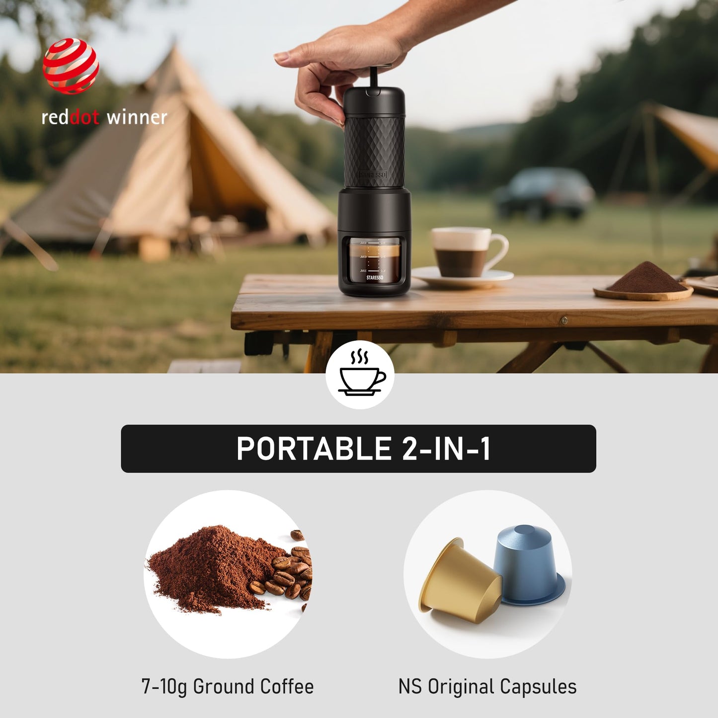 STARESSO 2026 Travel Kit, Portable Espresso Maker & Grinder Set, Dual Use for Ground Coffee & Pods, No Power Needed, Travel Case for Camping Hiking