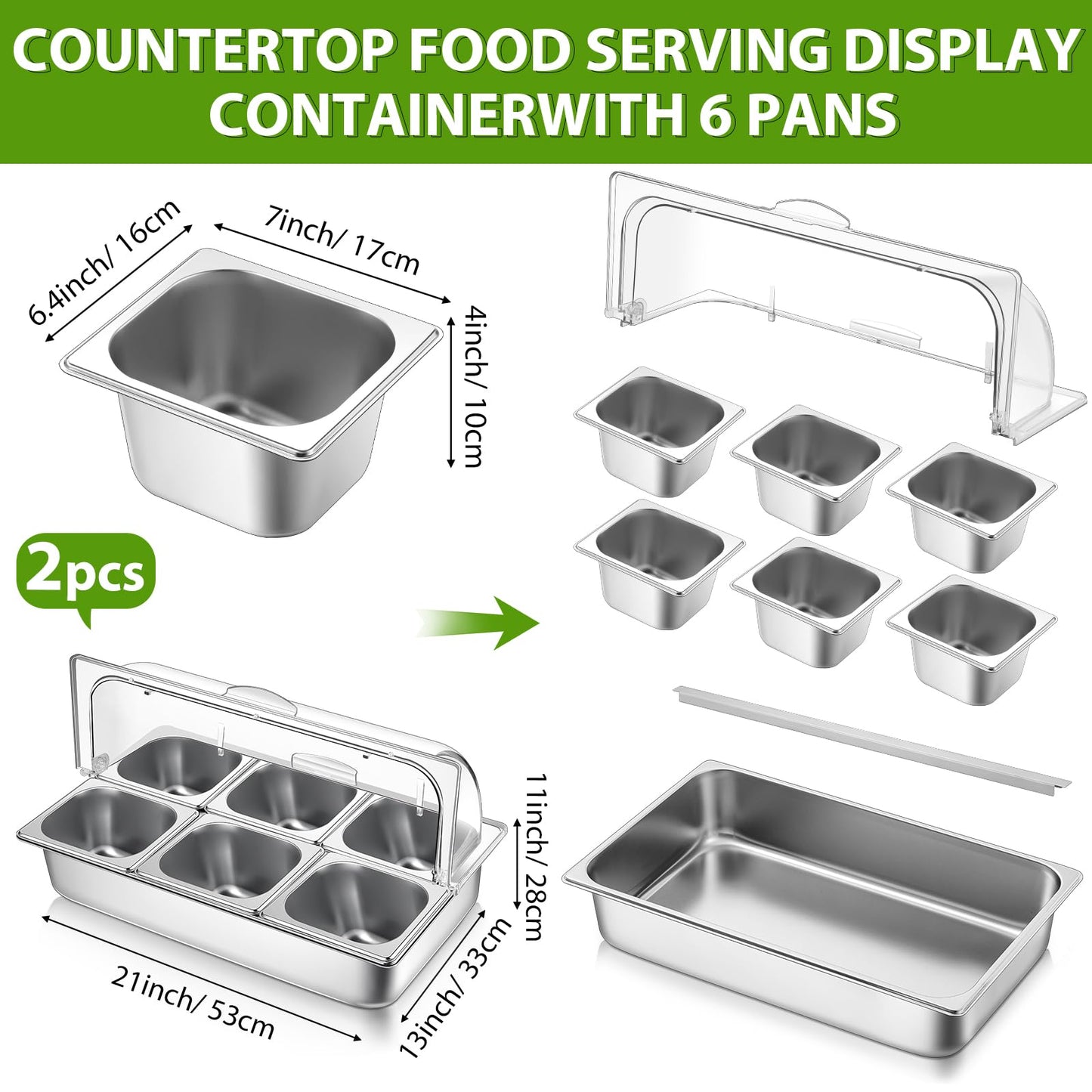 Ziliny 6 Pan Countertop Ice Food Serving Display Container with Clear Roll Top Cover, Stainless Steel Serving Tray Buffet Condiment Dispenser for Restaurant Hotel Kitchen Party