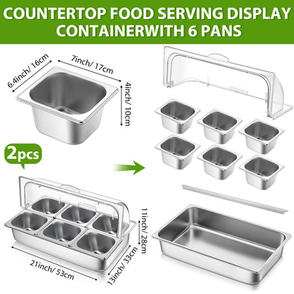 Ziliny 6 Pan Countertop Ice Food Serving Display Container with Clear Roll Top Cover, Stainless Steel Serving Tray Buffet Condiment Dispenser for Restaurant Hotel Kitchen Party