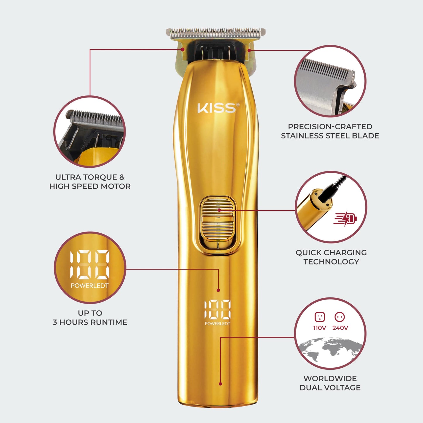 KISS Precision Blade Cordless Trimmer with Stainless Steel T-Blade, Powerful High-Torque, High-Speed Motor, 3 Blade Guard Attachments & Blade Cover, USB Cable & Long-Lasting Lithium Ion Battery