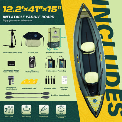 TIDETREK Inflatable Touring Kayak 1-Person & 2-Person with Waterproof Seat & Full Accessory Kit, Lightweight Recreational Kayak for Lake, River & Fishing (Jungle Trail, 2-Person(Tandem))