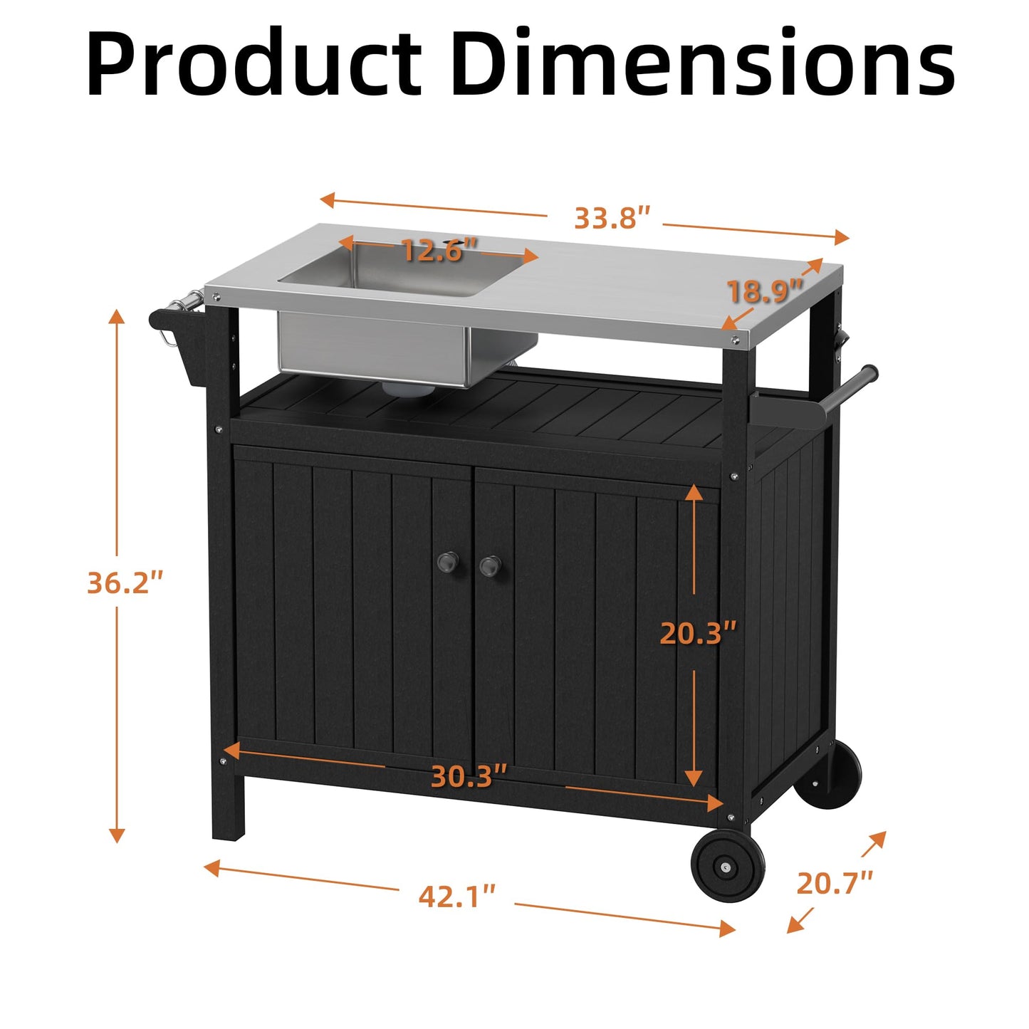 TORVA Multi-Functional Outdoor Grill Cart with Sink,Cabinet and Cover, 42 inch Freestanding Modular Kitchen Sink Station in 304 Stainless Steel&HDPE, All Weather Use BBQ Table, Black