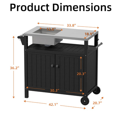 TORVA Multi-Functional Outdoor Grill Cart with Sink,Cabinet and Cover, 42 inch Freestanding Modular Kitchen Sink Station in 304 Stainless Steel&HDPE, All Weather Use BBQ Table, Black