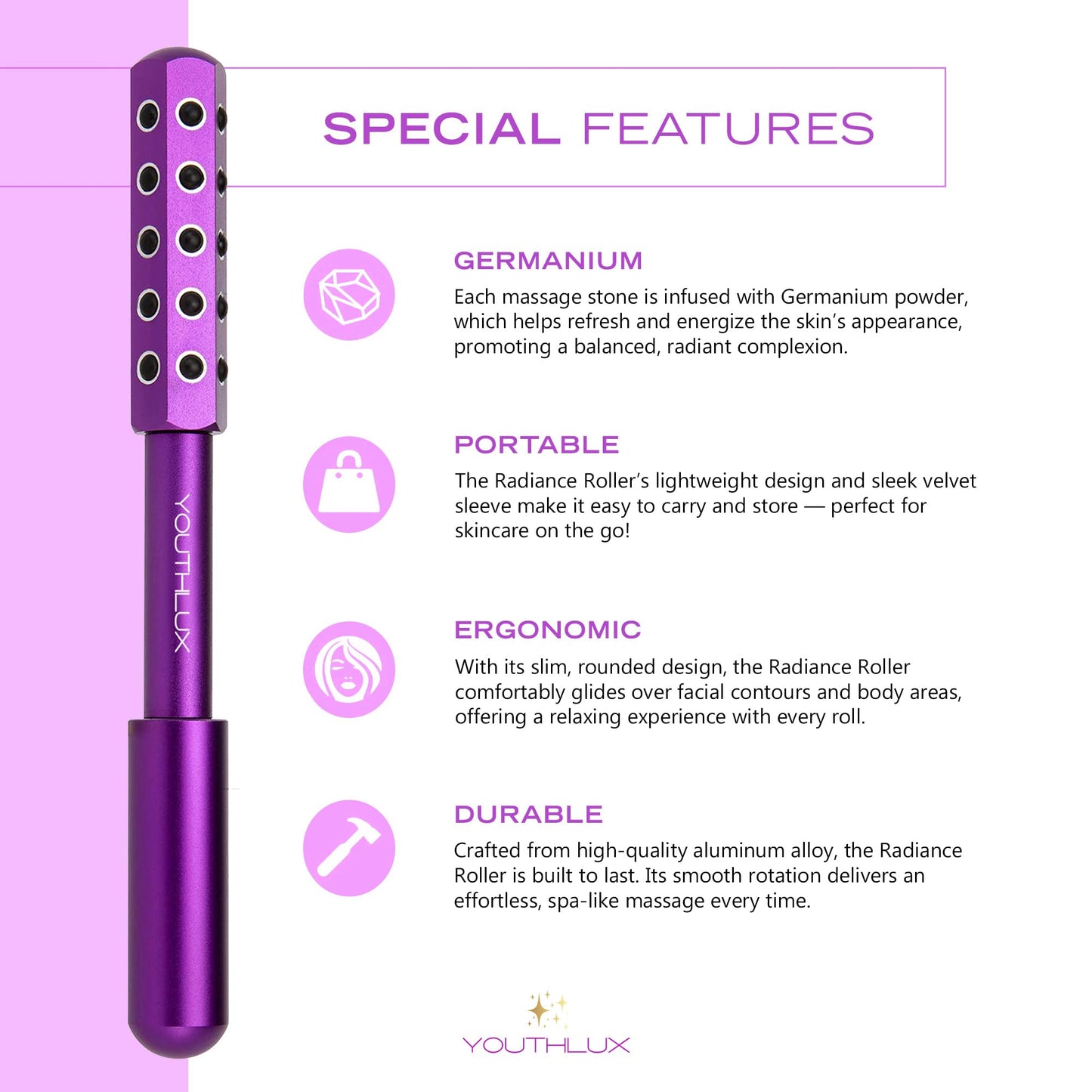 Radiance Roller - Germanium Stone Uplifting Face Beauty Massage Tool/Roller/Wand for Skin Tightening, De-Puffing, Sculpt/Lift, Anti-Aging | Uplift Face Roller, Facial Roller (Rose Gold)