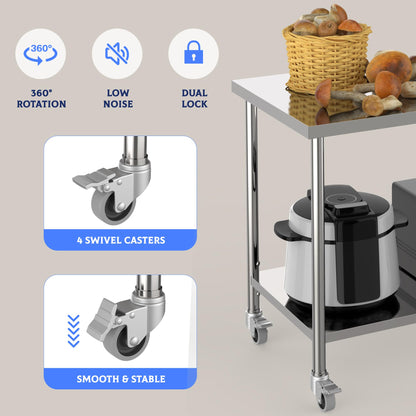 Stainless Steel Table, 48" x 24" Prep Workstation, 1000 LBS, NSF Commercial Work Table with Adjustable Undershelf and Lockable Casters, for Restaurant, Home, Kitchen, Hotel, Outdoor