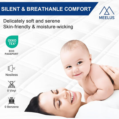 MEELUS Padded Queen Mattress Protector - Breathable Waterproof Cover with Deep Pockets | Soft, Noiseless, Washable, White