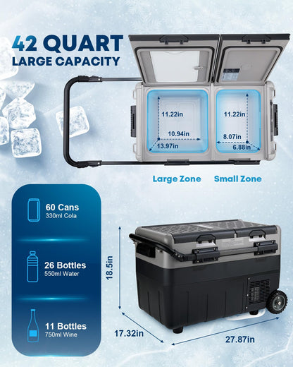Kohree 12 Volt Car Refrigerator, 42 Quart (40L) Dual Zone Car Fridge, Portable Refrigerator Dual Door -4℉-68℉ Electric Cooler Portable Freezer 12/24V DC and 100-240V AC for RV, Camping, Travel
