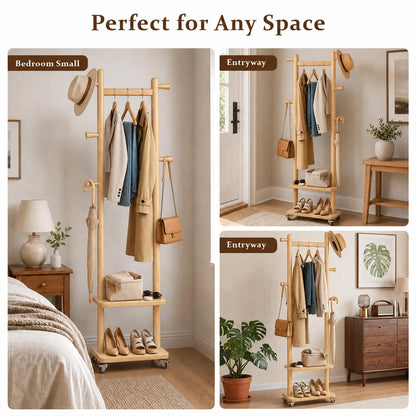 Solid Wood Coat Rack Freestanding Clothing Rack with Wheels & 2 Shelves Storage & 5 Hooks Heavy Duty Clothes Rack Wood Coat Tree Stand Hat Hanger Rack for Corner Bedroom Entryway Living Room Hotel