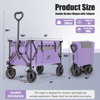Whitsunday Folding Collapsible Utility Wagon, 400Lbs Heavy Duty Outdoor Park Beach Wagon with Table and Side Pocket for Garden Camping Sports Shopping Purple