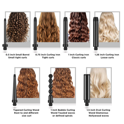 PARWIN PRO BEAUTY 7 in 1 Curling Iron Wand Set,Dual Voltage Curling Wand with 7 Interchangeable Diamond Ceramic Hair Curler Wands with LCD Temperature Control Auto Shut Off Black