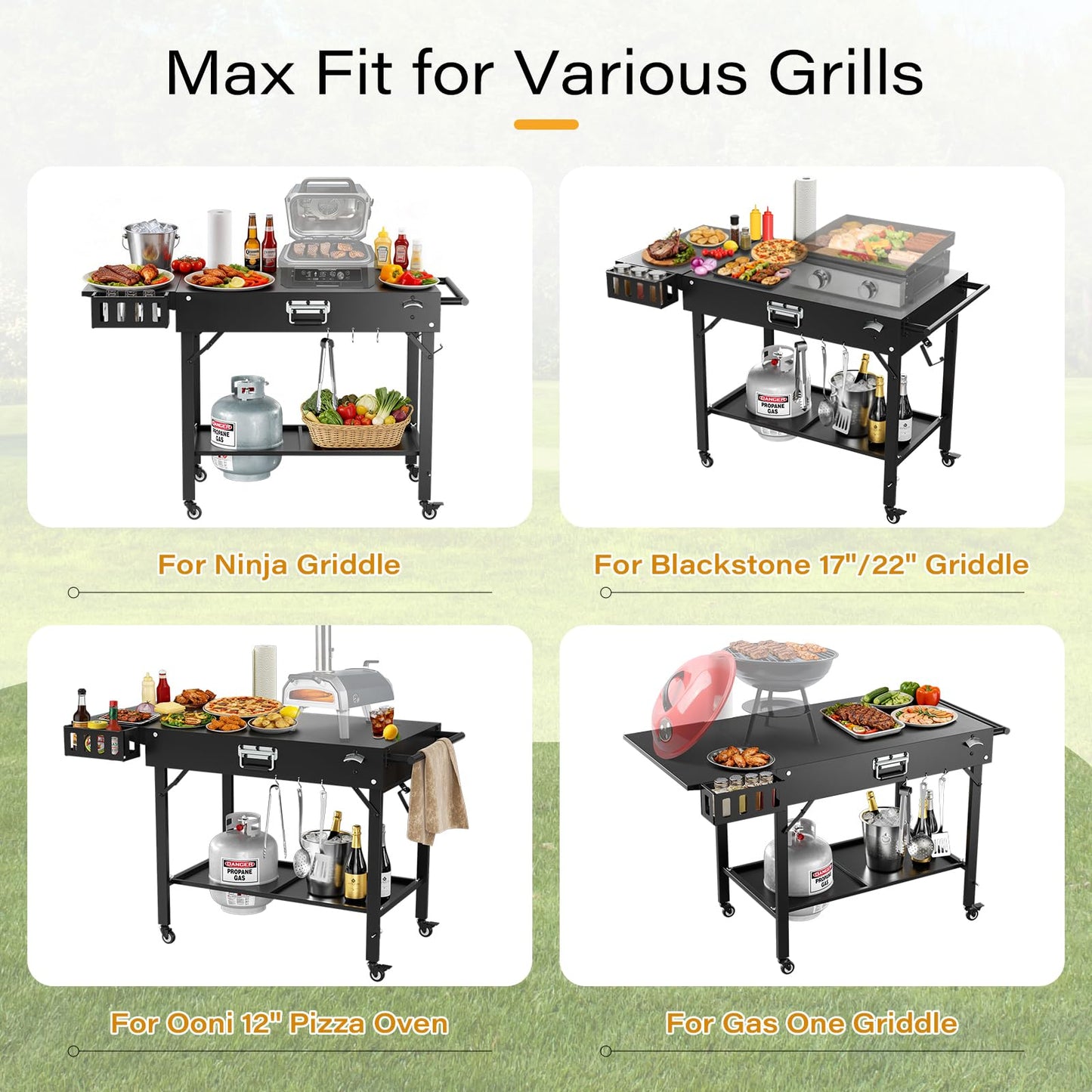Baotree Outdoor Pizza Oven Table for Blackstone Griddle, Grill Cart Pizza Oven Stand, Foldable Cart Table with Wheels for Ninja, Cuisinart, Gozney, Solo Stove, BBQ Prep Tables Station, 46"x22"x29"
