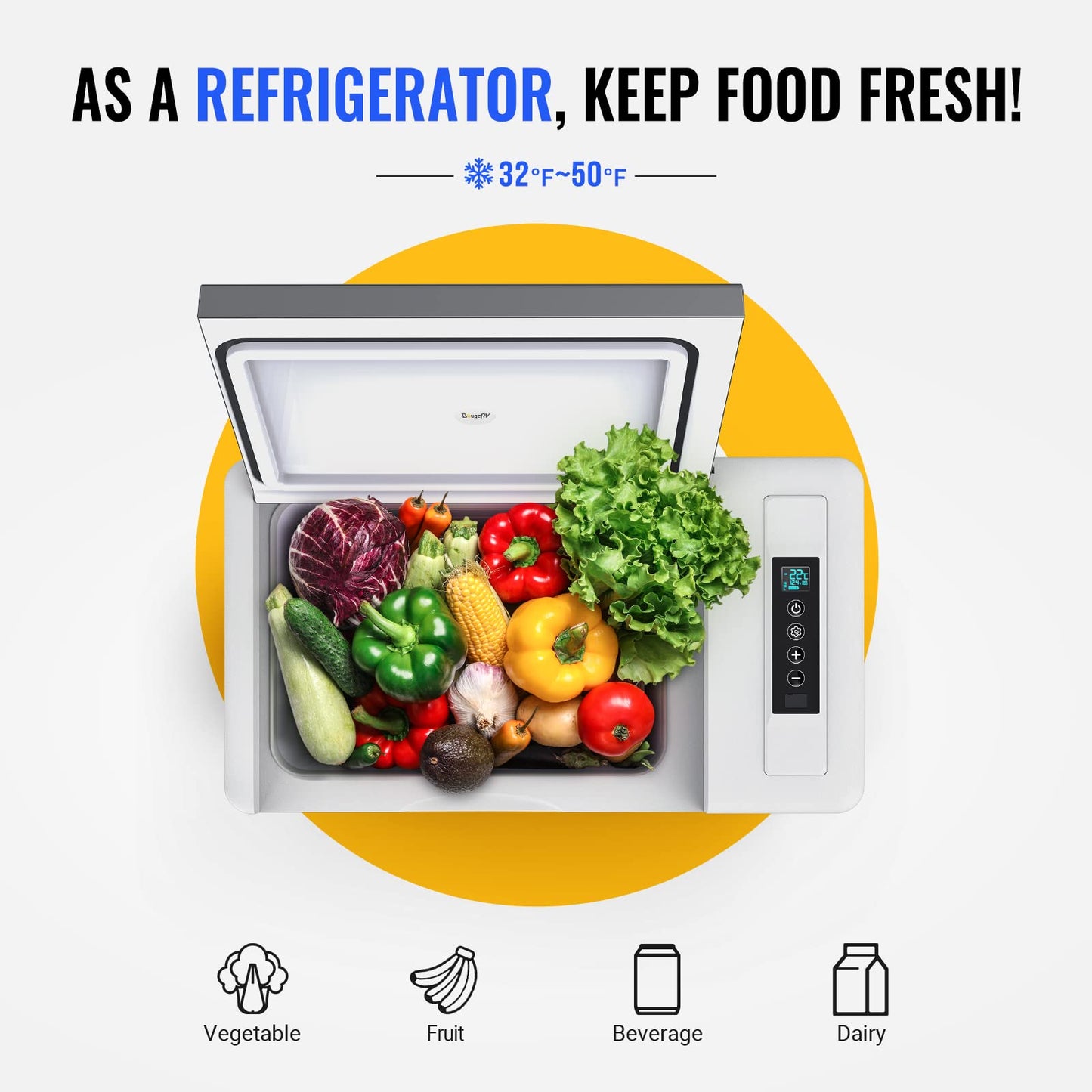 BougeRV 12 Volt Refrigerator With Cover 12V Car Fridge 30 Quart Portable Freezer Compressor Cooler Compressor Freezer, 12/24V DC 110~240V AC, -8℉~50℉ for Truck RV SUV