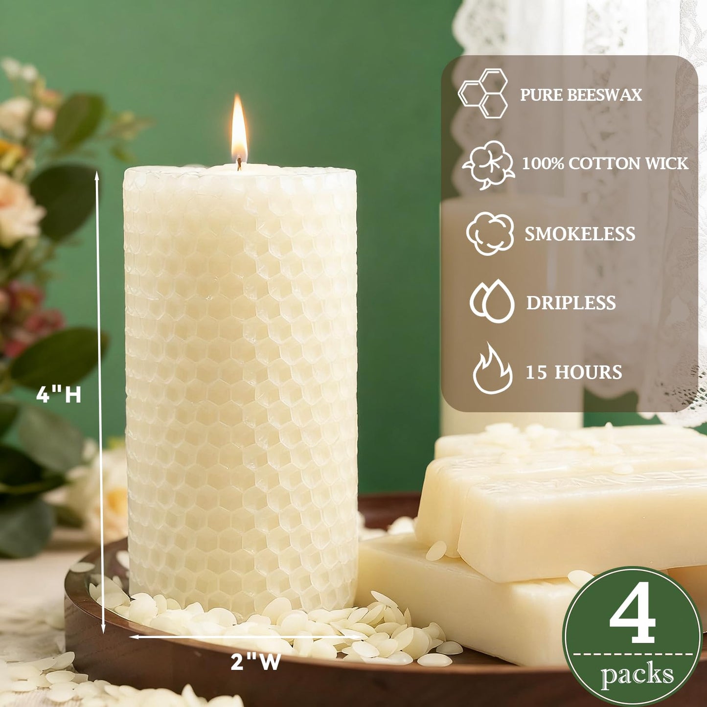 Honeycomb Beeswax Candles White, 4 Packs, 2x4 Inch Beeswax Candles Pillar Non Toxic, Handcrafted Bees Wax Candles for Gift Choice, Candle Lovers, Home Decor