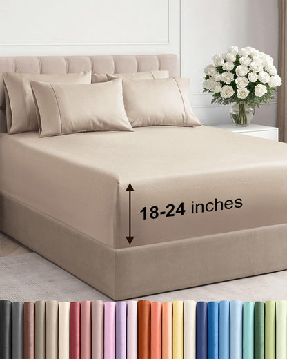 Skiennix Extra Deep Cal King Sheet Set | 6-Piece Breathable Cooling Bedding - Soft, Wrinkle-Free, Easy Fit - Wheat Color