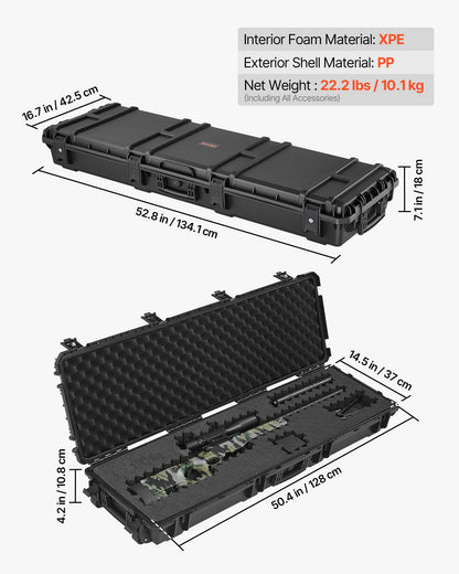 VEVOR Rifle Case, Rifle Hard Case with 4 Layers Fully-protective Foams, Detachable XPE Foam, 50 inch Lockable Gun Storage with Wheels, IP67 Waterproof & Dustproof, for Rifle, Shotgun, Black