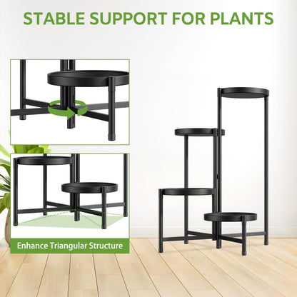 iDavosic.ly 4 Tier Large Plant Stand Indoor with 10 Inch Wide Tray, Tiered Corner Metal Outdoor Flower Display Holder Shelf, Folding Tall Rack for Patio Porch Living Room, Modern Black