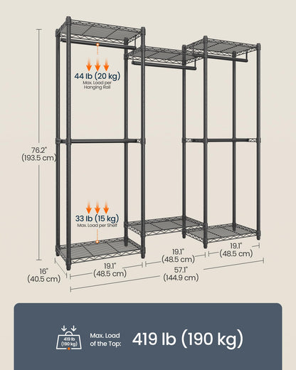 SONGMICS HOME Heavy-Duty Clothes Rack, Metal Closet Organizers and Storage System, Freestanding Wardrobe Closet Garment Rack with Shelves, 16 x 57.1 x 76.2 Inches, Black