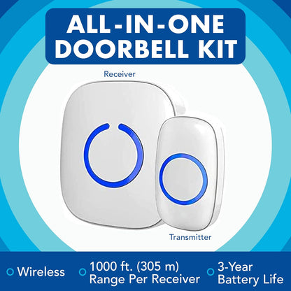 SadoTech Wireless Doorbell for Home - Battery Operated, 1000 Feet, Wireless Door Bell w/LED Flash, 1 push button + 1 receiver, Baby Blue