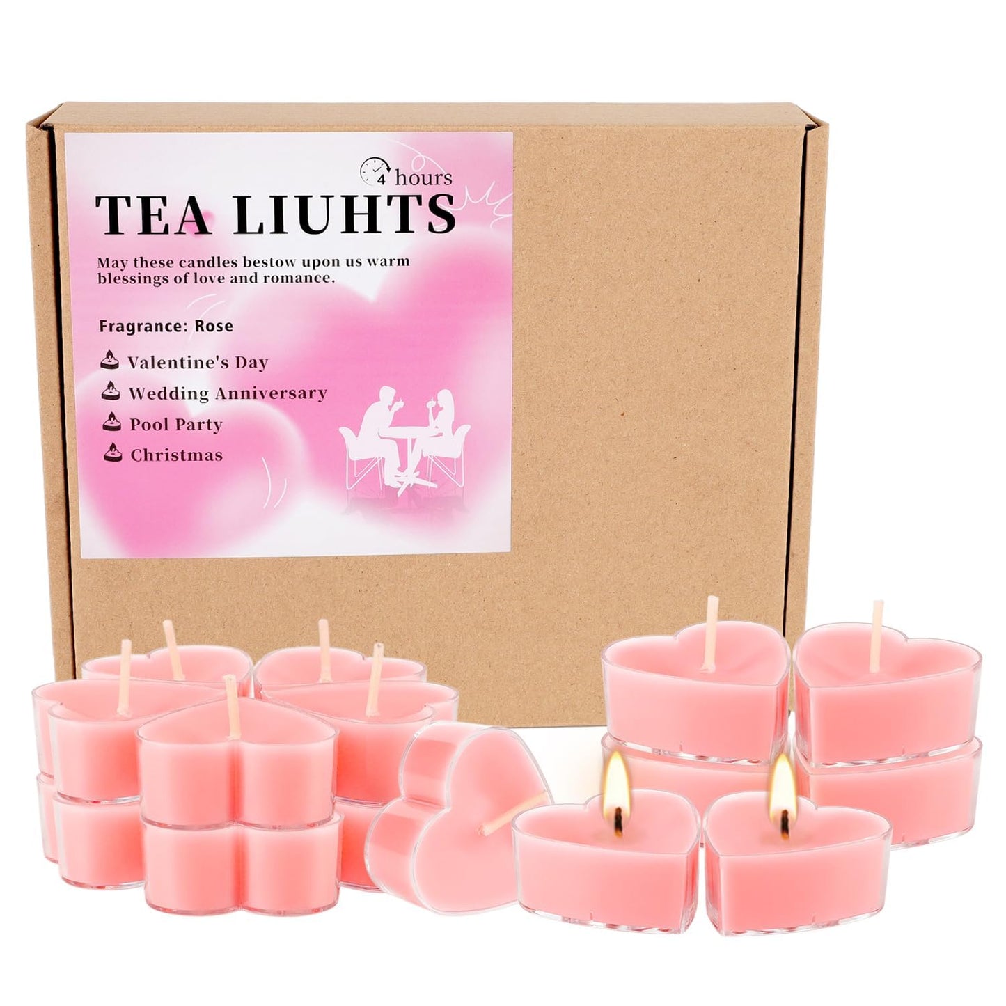 50Pcs Valentines Day Tealight Candles Rose Scented in Clear Cup,Love Pink Wax Votive Candle for Valentine's Day,Home Decor,Wedding, Anniversary, 4Hours Heart Shaped