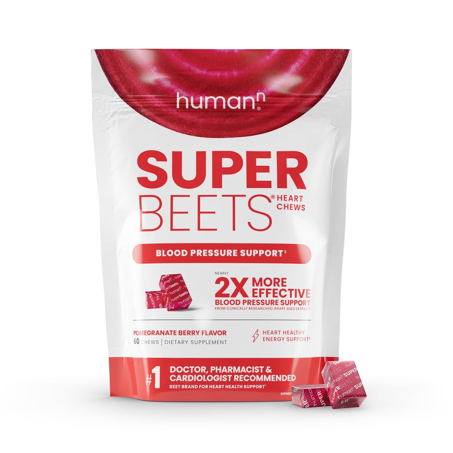 HumanN SuperBeets Heart Chews, Nitric Oxide and Blood Pressure Support, Grape Seed Extract & Non-GMO Beet Root Powder Energy Supplement, Pomegranate Berry Flavor, 60 Count