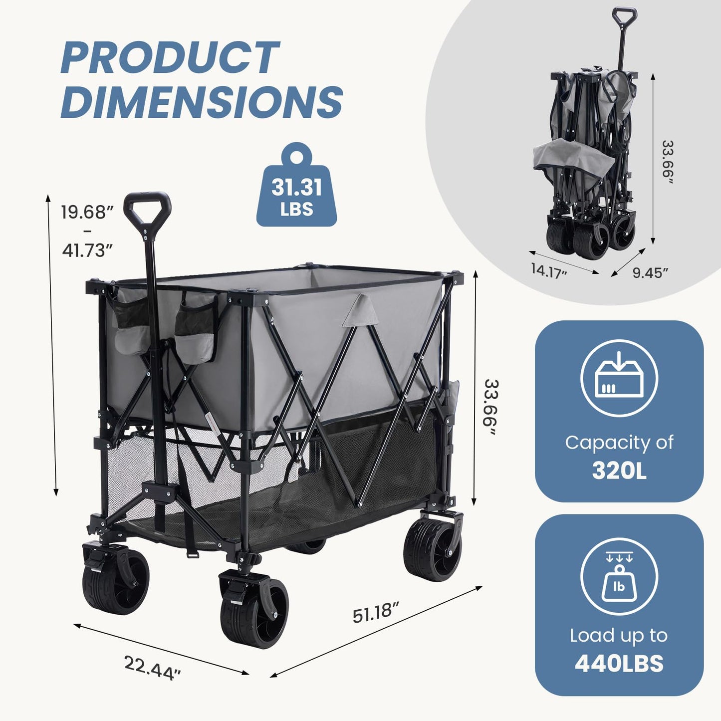 DUMOS 440LBS Heavy Duty Double Decker Wagon Cart with Extender, 400L Large Capacity Collapsible Folding Wagons with Brakes, Adjust Handle, All-Terrain Big Wheels for Garden Shopping Camping - Grey