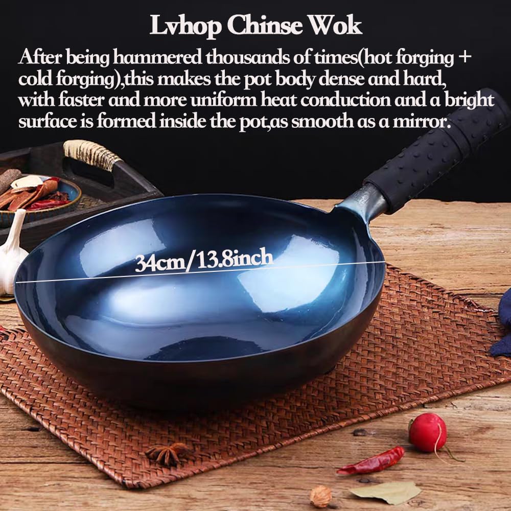 Lvhop iron wok with lid,13.5” woks & stir-fry pans nonstick,chinese traditional pans for open fire,large cookwares,cooking,bbq,grill,camping,blue pre-seasoned round bottom wok (34cm)