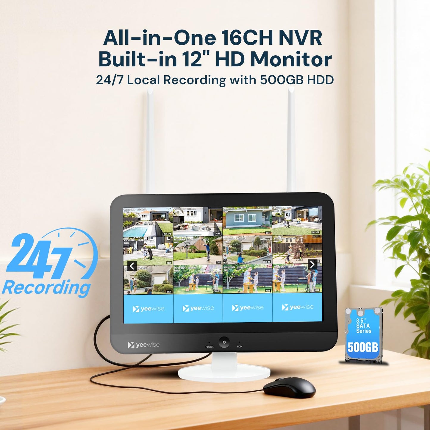 yeewise Triple Lens Wireless Security Camera System with 12" Monitor, 180° Wide View + 360° PTZ AI Tracking, WiFi 6, 16CH NVR, 24/7 Recording, 500GB HDD, No Monthly Fee, Plug-in Power