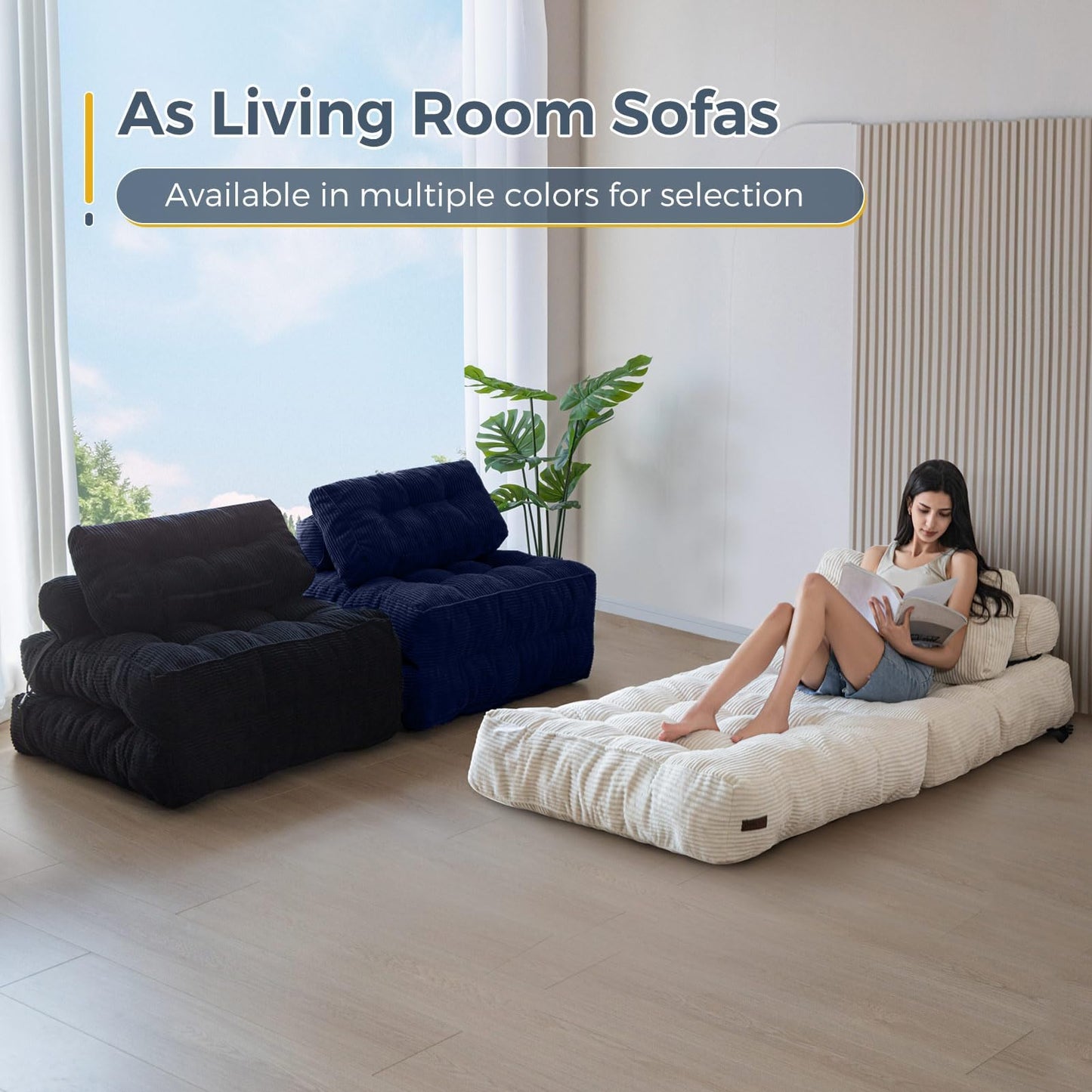 MAXYOYO Folding Sofa Bed, Convertible Chair with Pillow Foldable with Back Support, Portable Fold Out Chair Bed Comfy Floor Sofa Lounge for Living Room Bedroom, Navy, Single