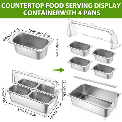 Ziliny Countertop Food Serving Display Container and Clear Roll Top Cover Stainless Steel Food Serving Tray Buffet Condiment Dispenser Display Rack for Restaurant Kitchen(Silver,21 x 13 x 13'')